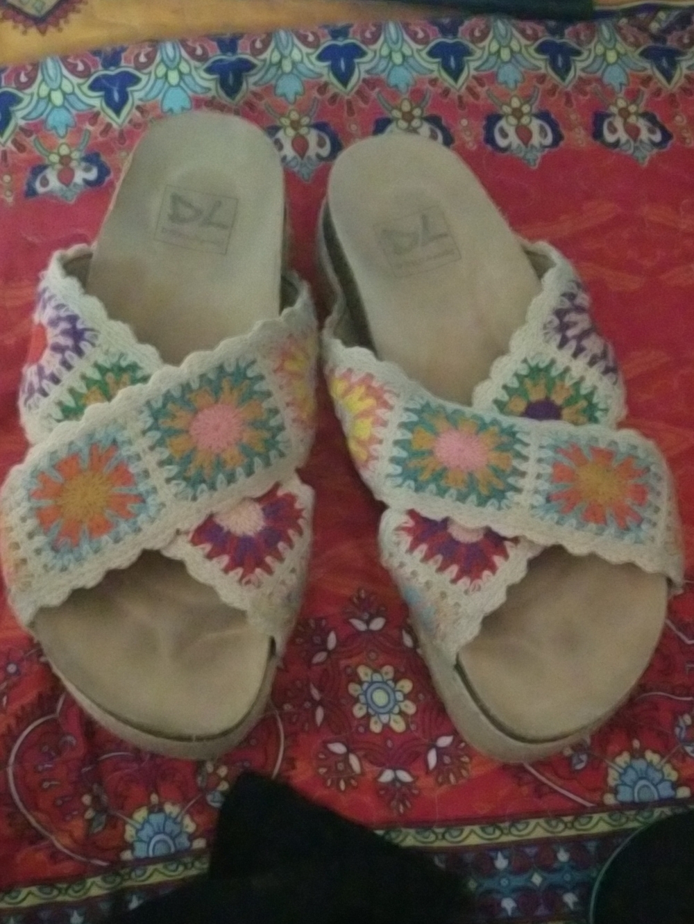 Dirty Laundry Cream Crochet Cross-Strap Mules with Multicolor Accents